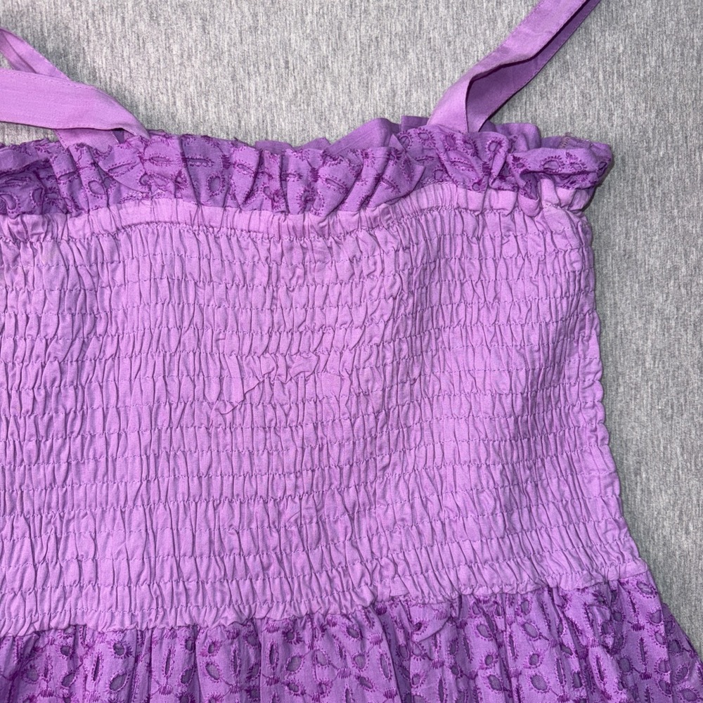 Fashion Terminal Purple Smocked Eyelet Sundress Boho Tie Strap Midi Dress Free S